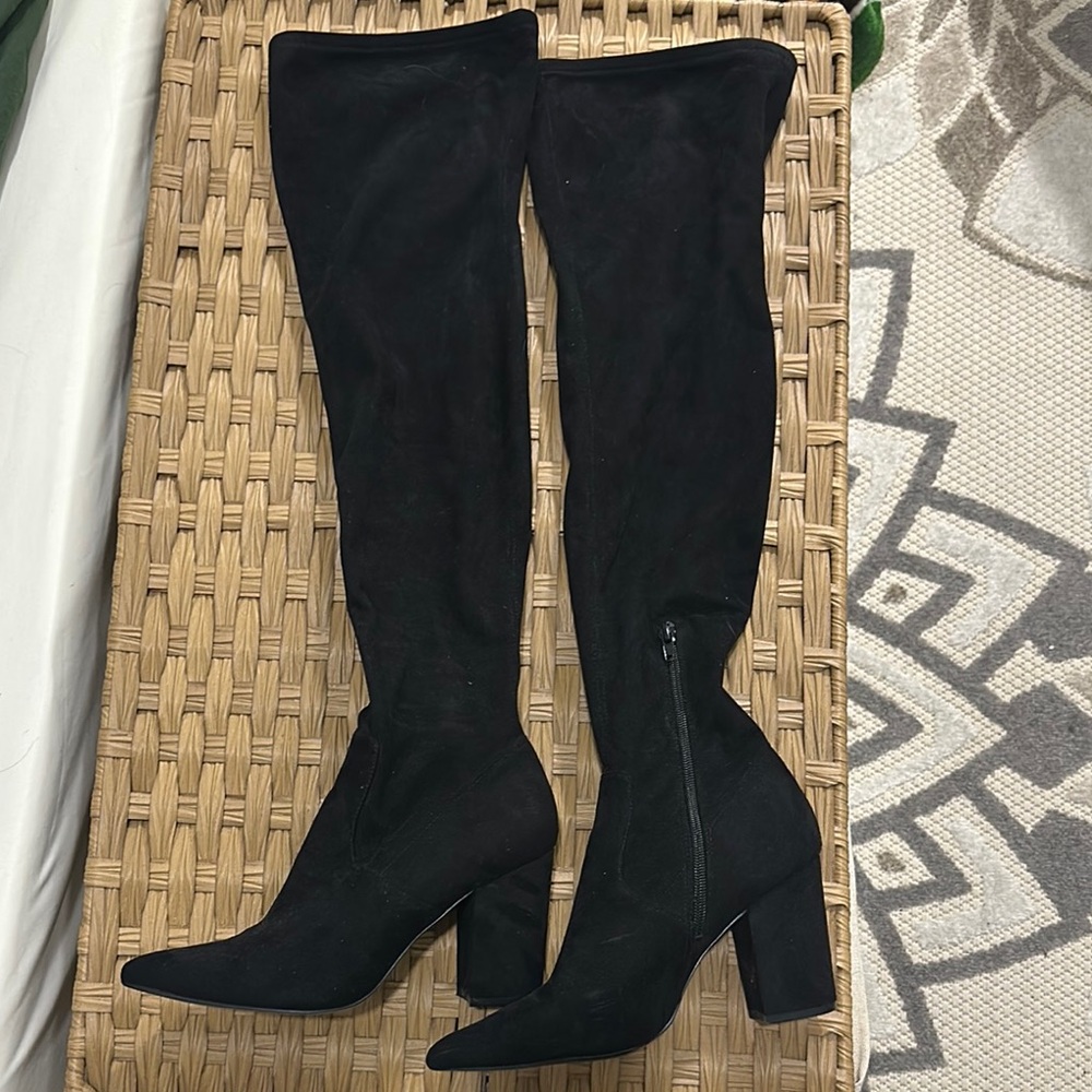 Steve Madden Black Over the Knee Boots with Block Heel and Pointed Toe